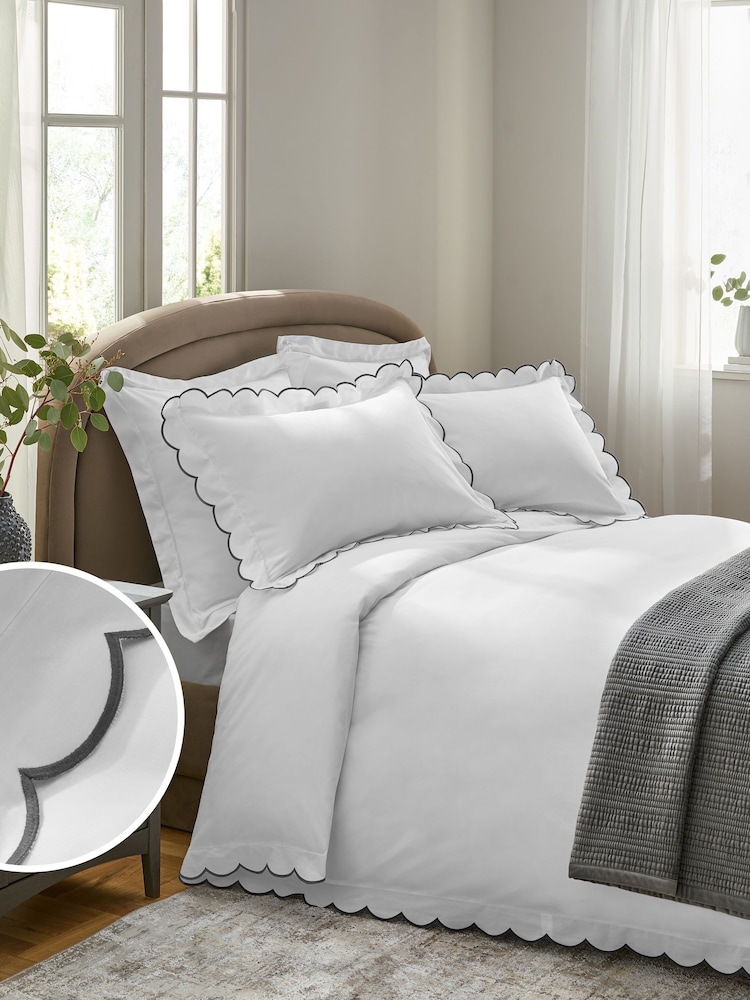 White and Charcoal 200 Thread Count Scallop Duvet Cover and Pillowcase Set - Image 1 of 4 White and Charcoal 200 Thread Count Scallop Duvet Cover and Pillowcase Set - Image 1 of 4