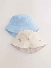 Blue/Neutral Bear Embroidered 100% Cotton Baby Bucket Hats 2 Pack (0mths-2yrs) - Image 1 of 8