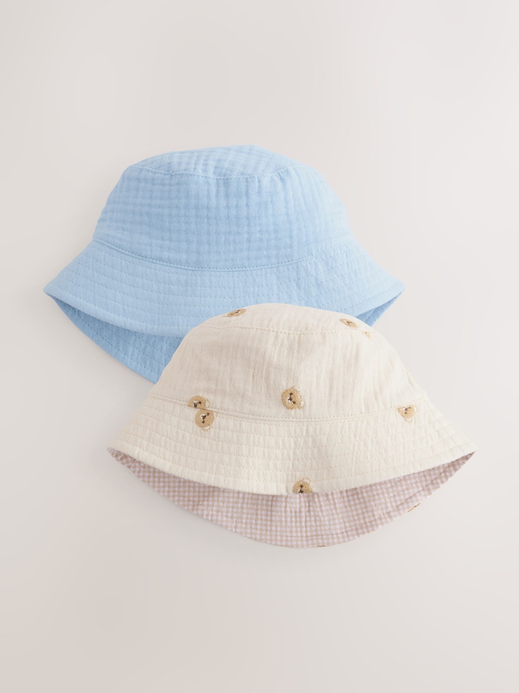 Blue/Neutral Bear Embroidered 100% Cotton Baby Bucket Hats 2 Pack (0mths-2yrs) - Image 1 of 8