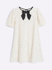 River Island Cream Girls Sequin Velour Shift Dress - Image 1 of 4