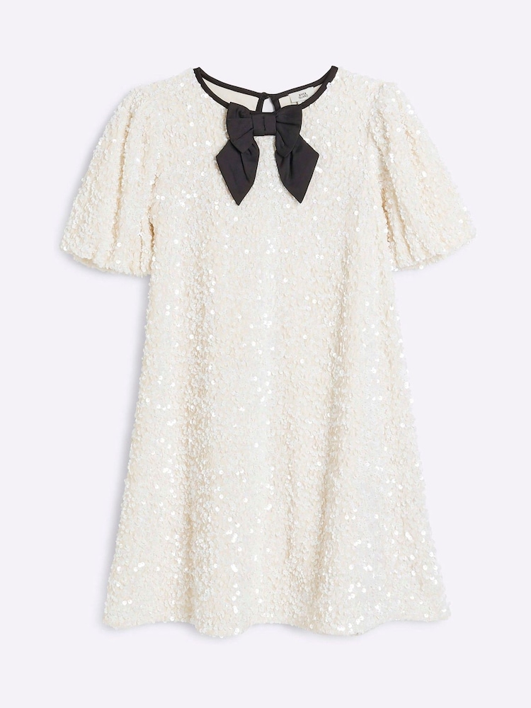 River Island Cream Girls Sequin Velour Shift Dress - Image 1 of 4 River Island Cream Girls Sequin Velour Shift Dress - Image 1 of 4