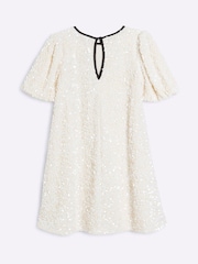 River Island Cream Girls Sequin Velour Shift Dress - Image 2 of 4