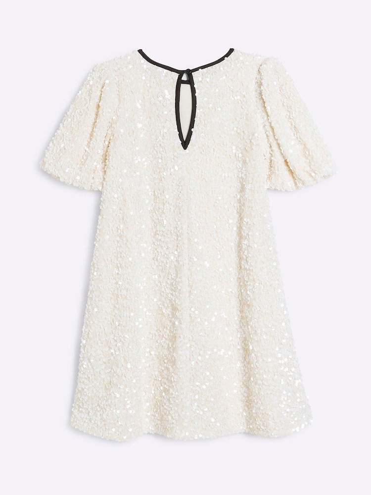 River Island Cream Girls Sequin Velour Shift Dress - Image 2 of 4 River Island Cream Girls Sequin Velour Shift Dress - Image 2 of 4