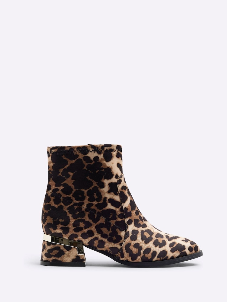 River Island Brown Girls Leopard Heeled Boots - Image 1 of 4