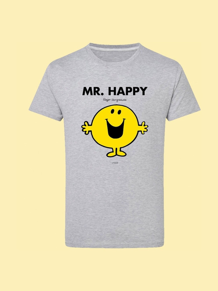 Star Editions Mr. Men Little Miss Mr. Happy Grey 100% Cotton T-Shirt - Image 4 of 4