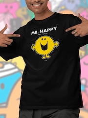 Star Editions Mr. Men Little Miss Mr. Happy 100% Cotton Black T-Shirt - Image 1 of 4