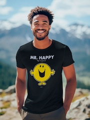 Star Editions Mr. Men Little Miss Mr. Happy 100% Cotton Black T-Shirt - Image 3 of 4