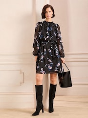Love & Roses Black Floral Petite Ruffle Belted Mini Dress - Image 1 of 4