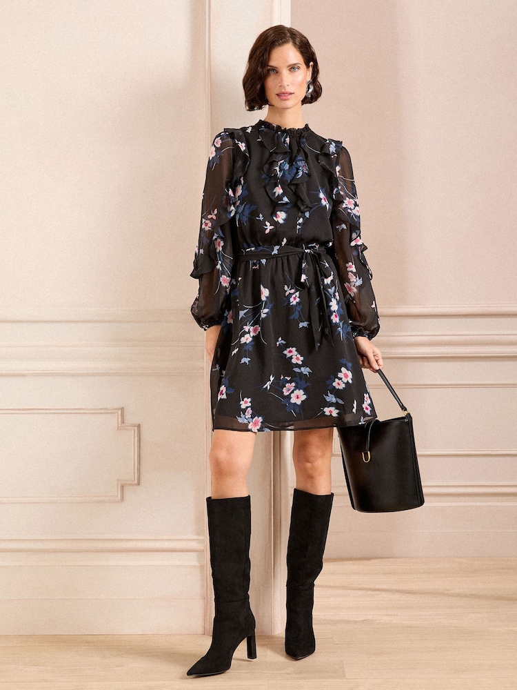 Love & Roses Black Floral Petite Ruffle Belted Mini Dress - Image 1 of 4