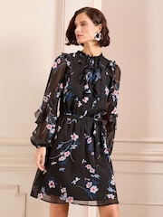 Love & Roses Black Floral Petite Ruffle Belted Mini Dress - Image 2 of 4