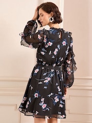 Love & Roses Black Floral Petite Ruffle Belted Mini Dress - Image 3 of 4