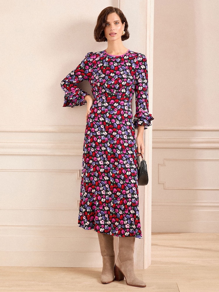 Love & Roses Black Floral Ruffle Sleeve Midi Dress - Image 1 of 4