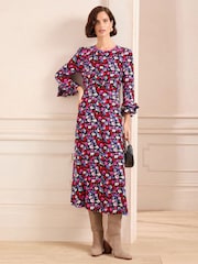 Love & Roses Black Floral Petite Ruffle Sleeve Midi Dress - Image 1 of 4