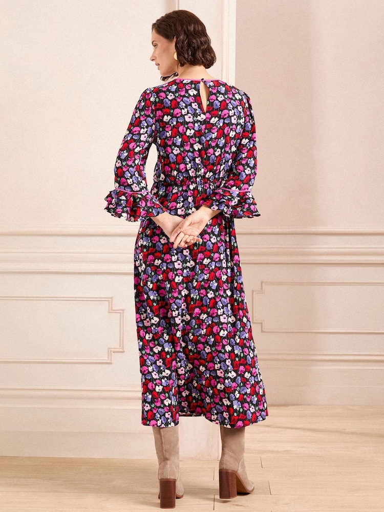 Love & Roses Black Floral Petite Ruffle Sleeve Midi Dress - Image 4 of 4