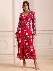 Love & Roses Red V-Neck Ruffle Midi Dress - Image 3 of 4
