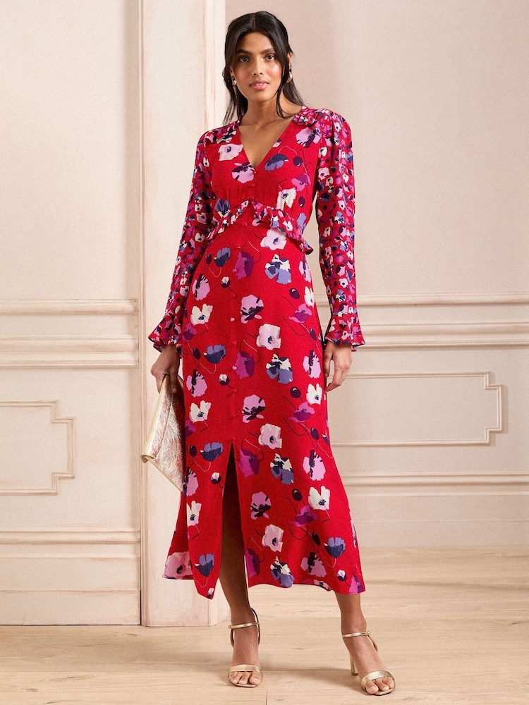 Robe mi-longue Love & Roses à volants et col en V - Image 3 of 4