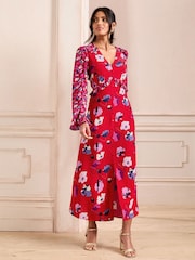Robe mi-longue Love & Roses à volants et col en V - Image 1 de 4