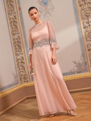 Love & Roses Pink Sequin Flute Sleeve Maxi Dress - Image 1 of 4