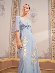 Love & Roses Blue Embroidered Angel Sleeve Maxi Dress - Image 3 of 4