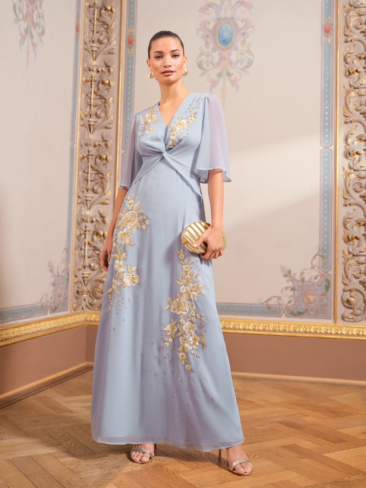 Love & Roses Blue Petite Embroidered Angel Sleeve Maxi Dress - Image 1 of 4