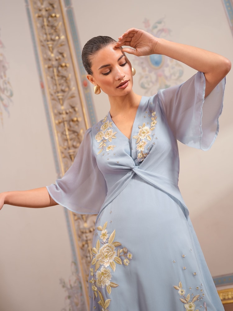 Love & Roses Blue Petite Embroidered Angel Sleeve Maxi Dress - Image 2 of 4