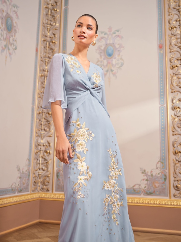 Love & Roses Blue Petite Embroidered Angel Sleeve Maxi Dress - Image 3 of 4