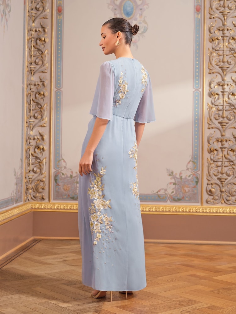 Love & Roses Blue Petite Embroidered Angel Sleeve Maxi Dress - Image 4 of 4
