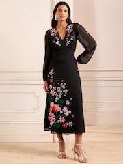 Love & Roses Black Floral Sheer Sleeve Embroidered Midi Dress - Image 1 of 5