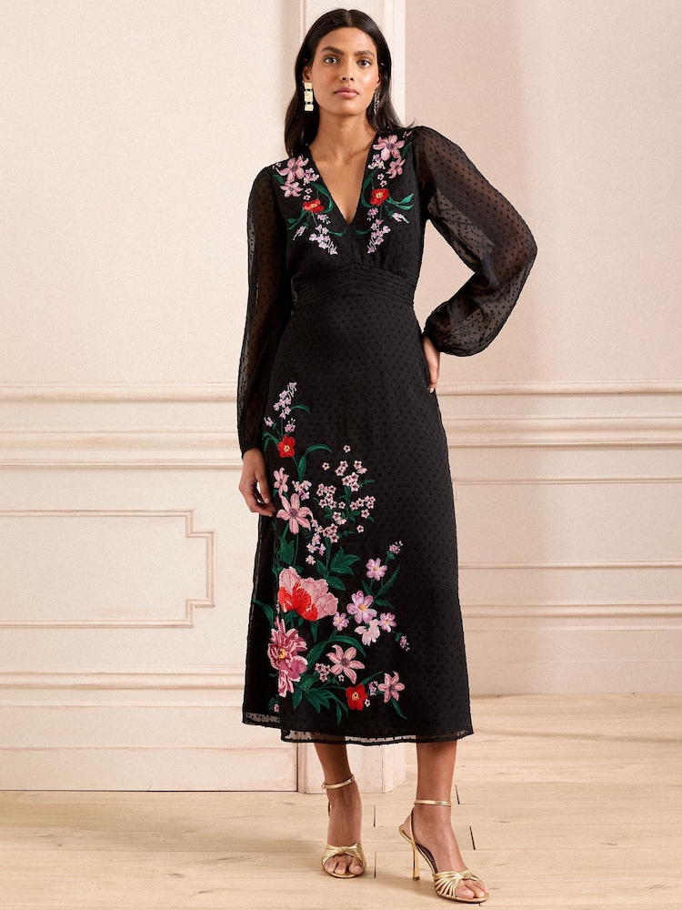 Love & Roses Black Floral Sheer Sleeve Embroidered Midi Dress - Image 1 of 5