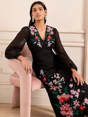 Love & Roses Black Floral Sheer Sleeve Embroidered Midi Dress - Image 2 of 5