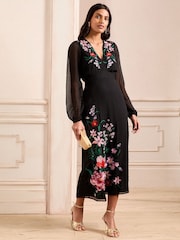 Love & Roses Black Floral Sheer Sleeve Embroidered Midi Dress - Image 4 of 5