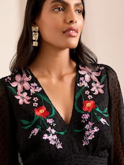 Love & Roses Black Petite Sheer Sleeve Embroidered Midi Dress - Image 3 of 5
