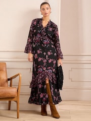 Love & Roses Black Petite Tierd Ruffle Midi Dress - Image 4 of 7