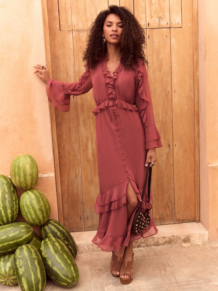 Love & Roses Pink Ruffle Tiered Midi Dress - Image 1 of 5