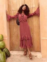 Love & Roses Pink Ruffle Tiered Midi Dress - Image 5 of 5