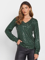 Long Tall Sally Green Sequin V-Neck Long Sleeve Top - Image 1 of 5