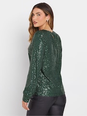 Long Tall Sally Green Sequin V-Neck Long Sleeve Top - Image 3 of 5