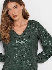Long Tall Sally Green Sequin V-Neck Long Sleeve Top - Image 4 of 5