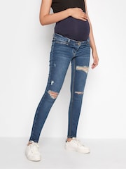 Long Tall Sally Blue Maternity Distressed AVA Stretch Skinny Jeans - Image 1 of 8