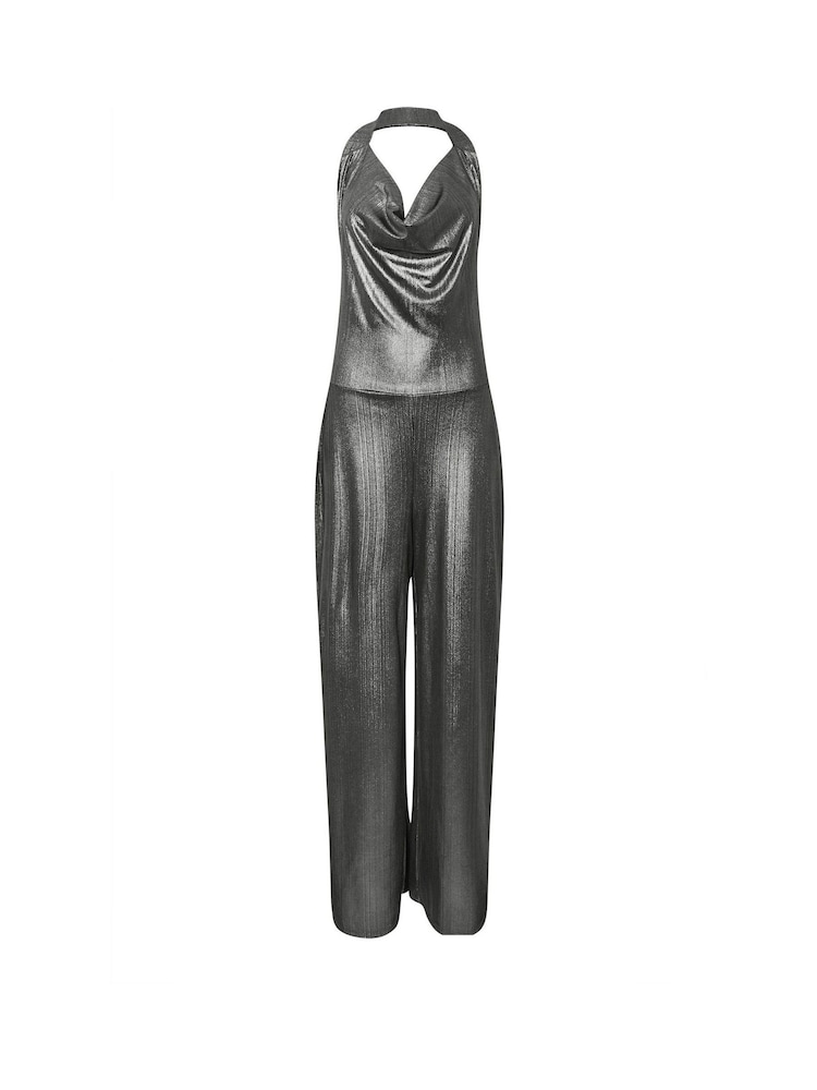 PixieGirl Petite Silver Halter Cowl Wide Leg Jumpsuit - Image 3 of 3