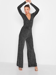 Long Tall Sally Black Sparkle Wrap Jumpsuit - Image 1 of 3