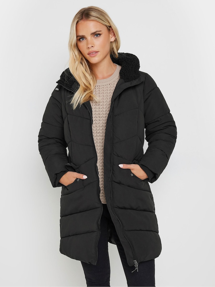 PixieGirl Petite Black Borg Hooded Midi Padded Coat - Image 1 of 5