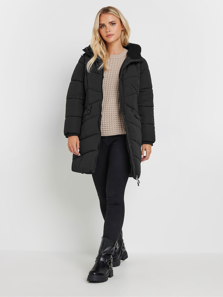 PixieGirl Petite Black Borg Hooded Midi Padded Coat - Image 2 of 5