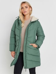 PixieGirl Petite Green Borg Hooded Midi Padded Coat - Image 1 of 5