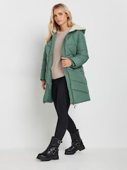 PixieGirl Petite Green Borg Hooded Midi Padded Coat - Image 2 of 5
