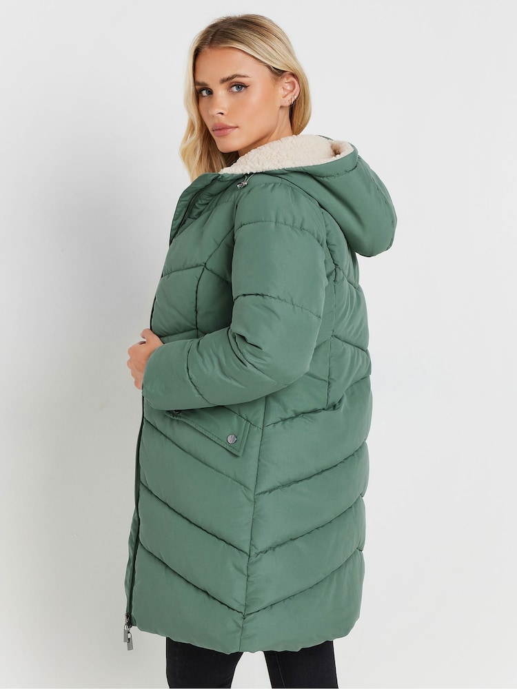 PixieGirl Petite Green Borg Hooded Midi Padded Coat - Image 3 of 5