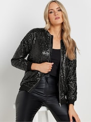 Long Tall Sally Black Sequin Bomber Jacket - Image 1 of 6