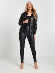 Long Tall Sally Black Sequin Bomber Jacket - Image 2 of 6