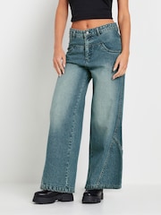 PixieGirl Petite Blue Sailor Seam Wide Leg 100% Cotton Jeans - Image 1 of 5