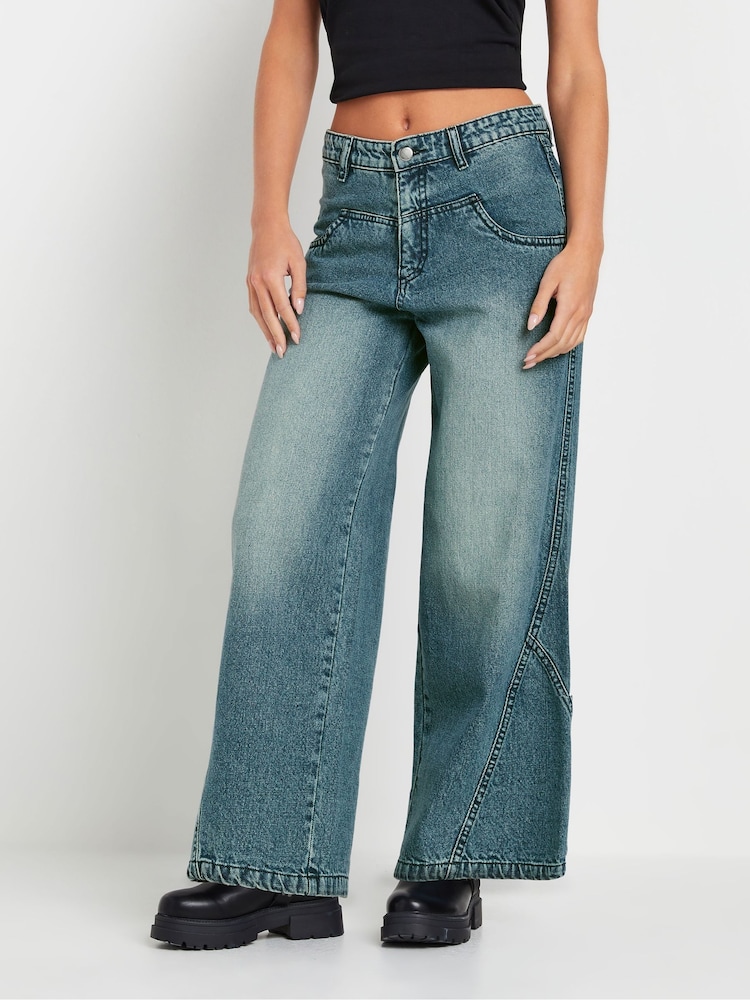 PixieGirl Petite Blue Sailor Seam Wide Leg 100% Cotton Jeans - Image 1 of 5